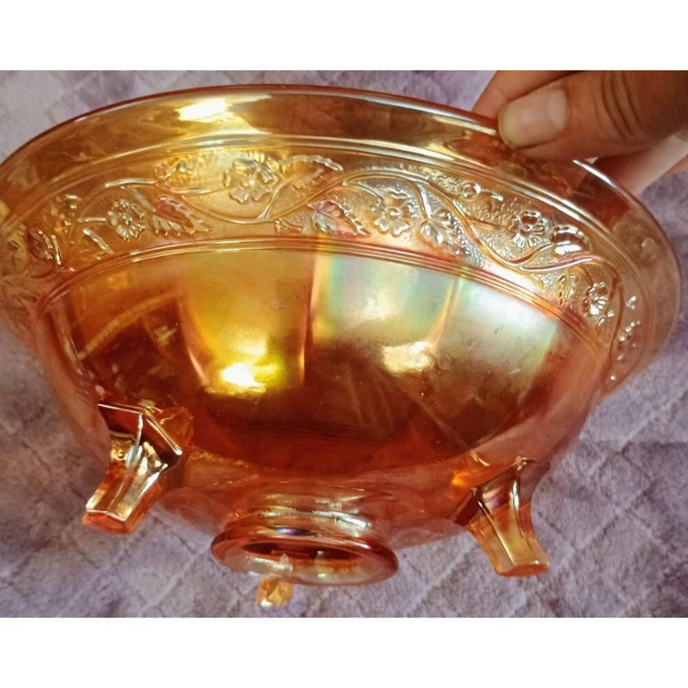 Vtg Marigold Carnival Glass Footed Berry Bowl Floral Embossed Iridescent Orange